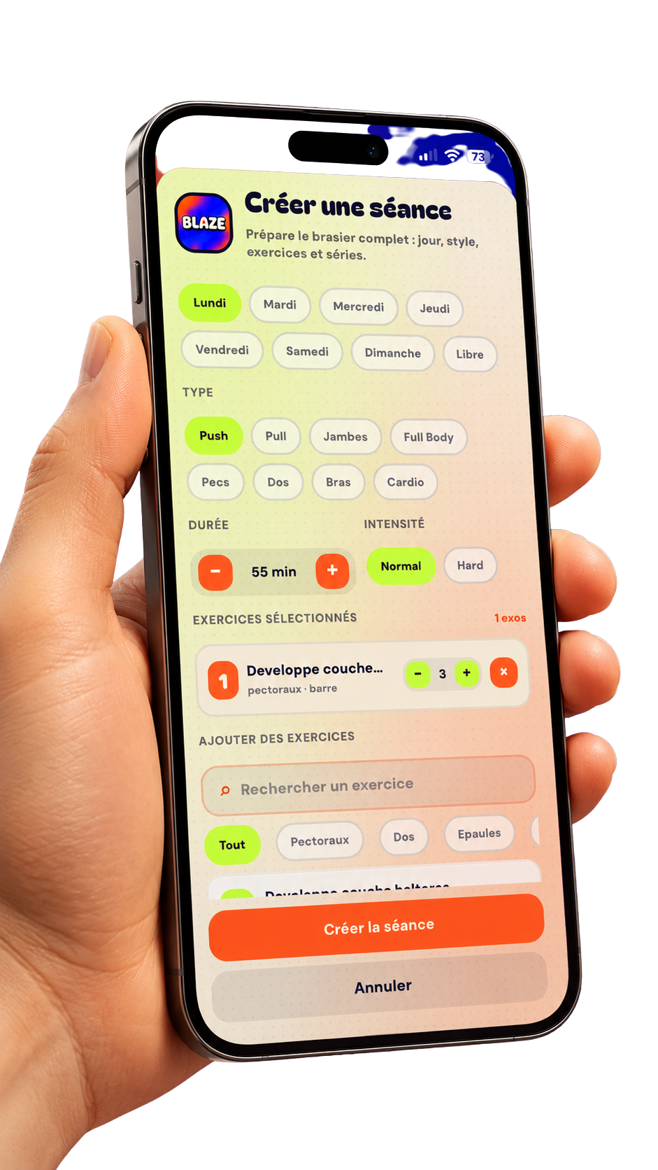 App BLAZE — créer une séance